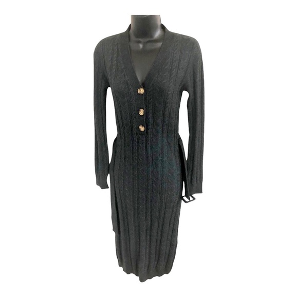 Lucky Brand dark charcoal chunky knit belted v-neck sweater dress size small new - Picture 6 of 12